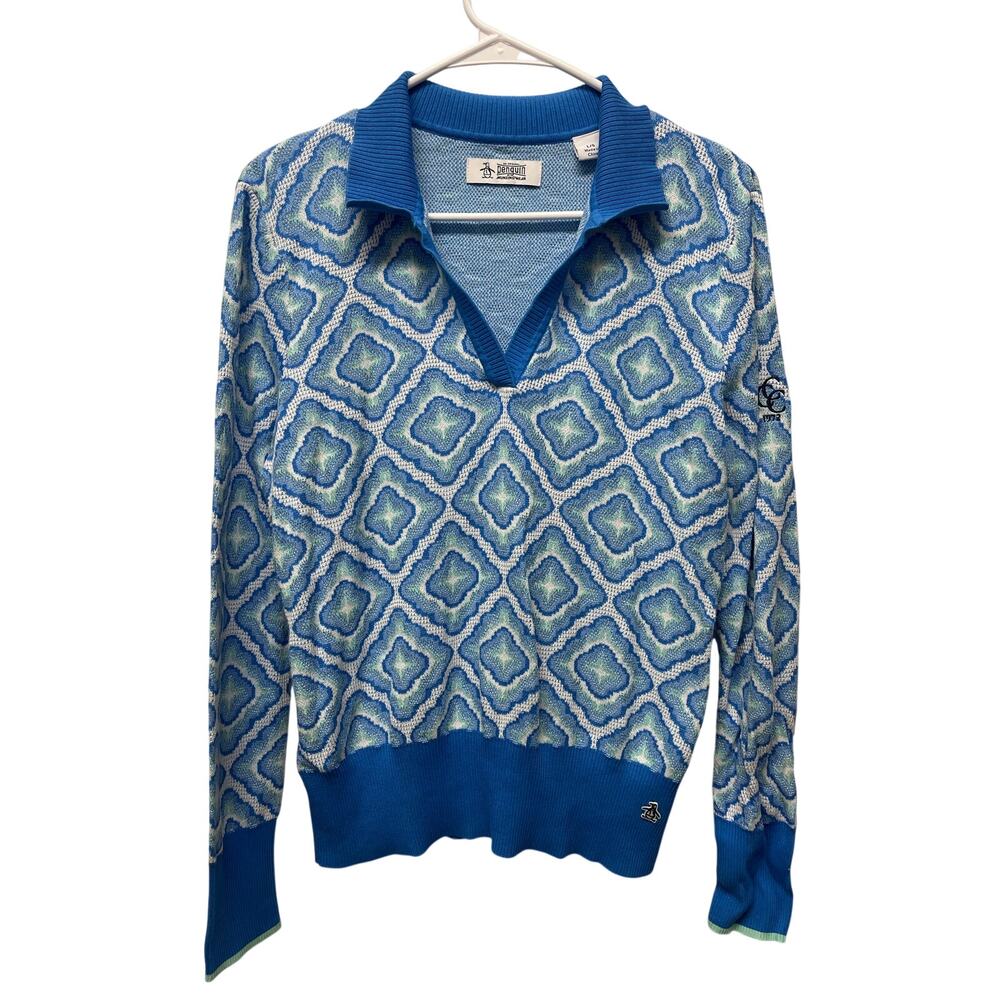 Original Penguin Women's Lattice Jacquard golf sweater French blue size large